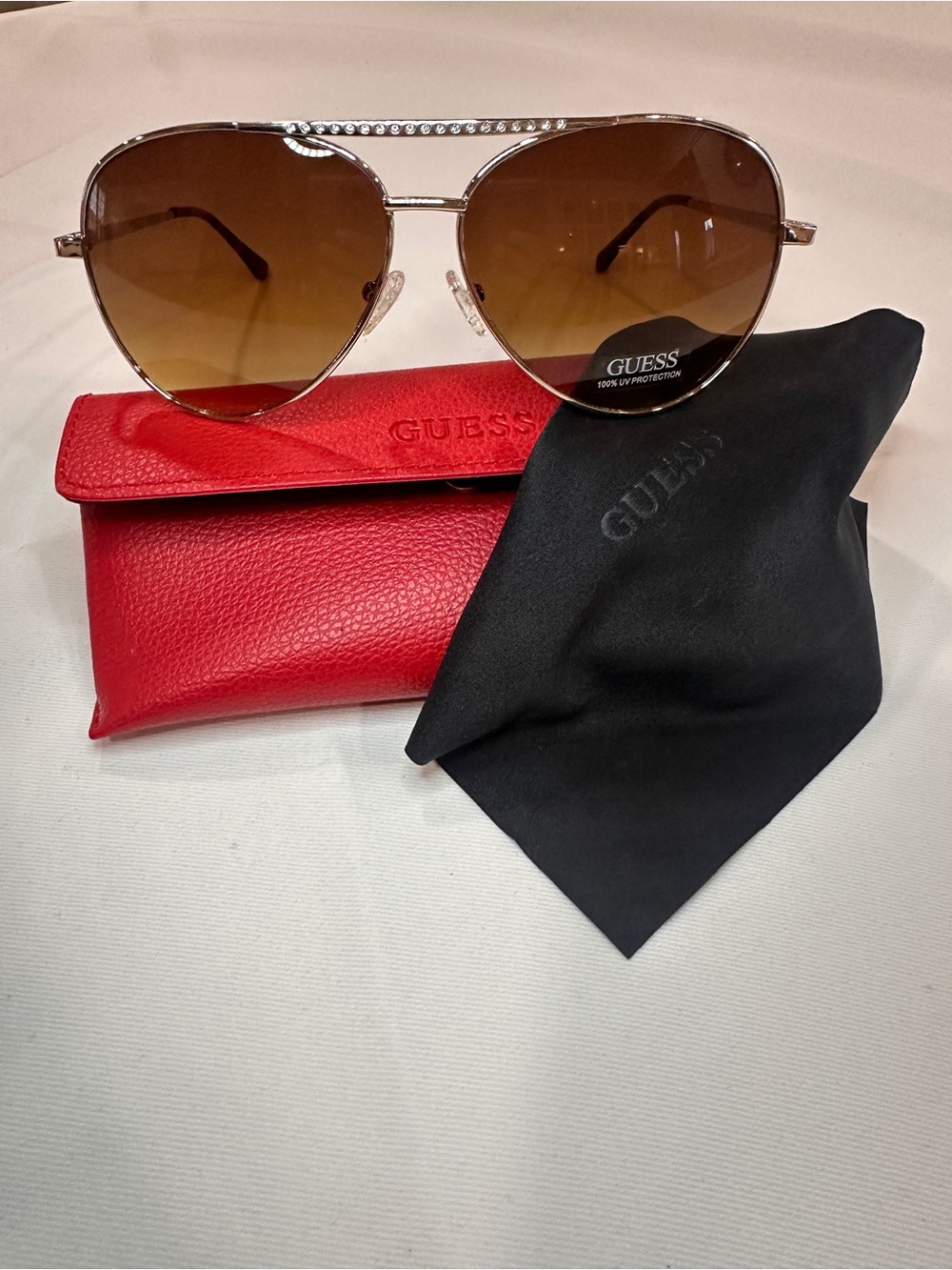 GUESS Women’s Silver Frame Brown Gradient Aviator Sunglasses with Red Case